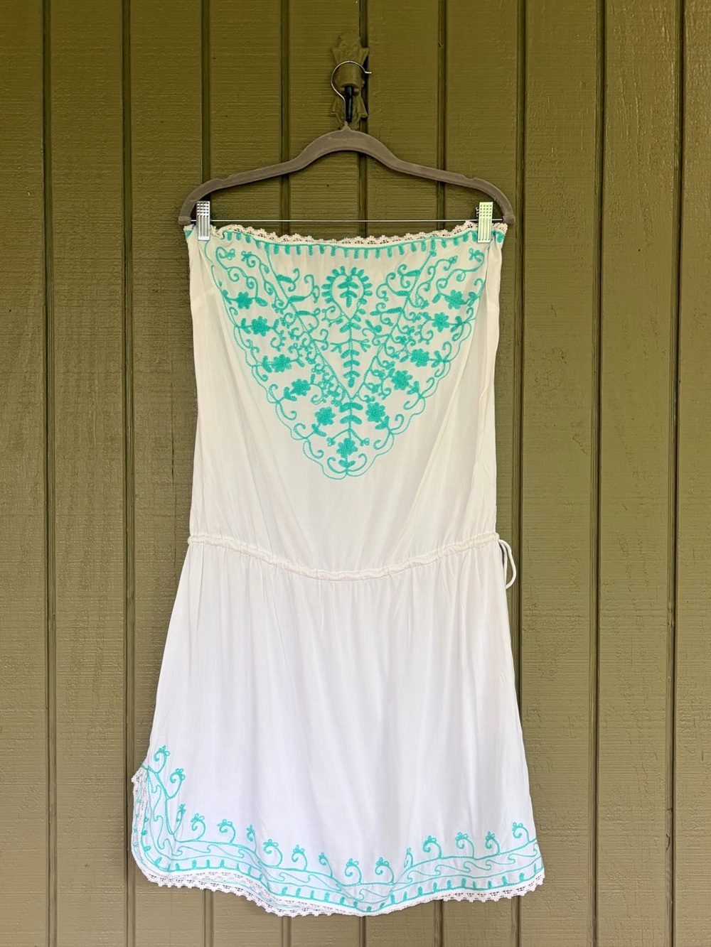 Venus Embroidered Beach Cover-Up Dress White & Teal Strapless Rayon Large